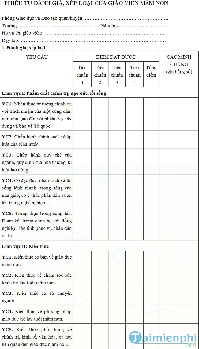 Phiếu tự đánh giá xếp loại của giáo viên mầm non