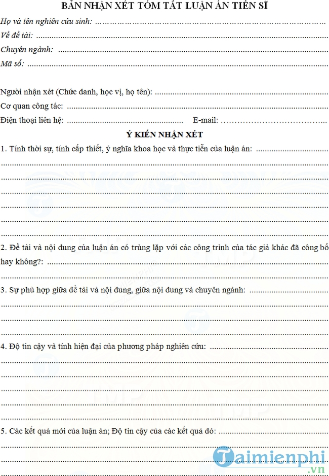 Mẫu nhận xét luận án tiến sĩ