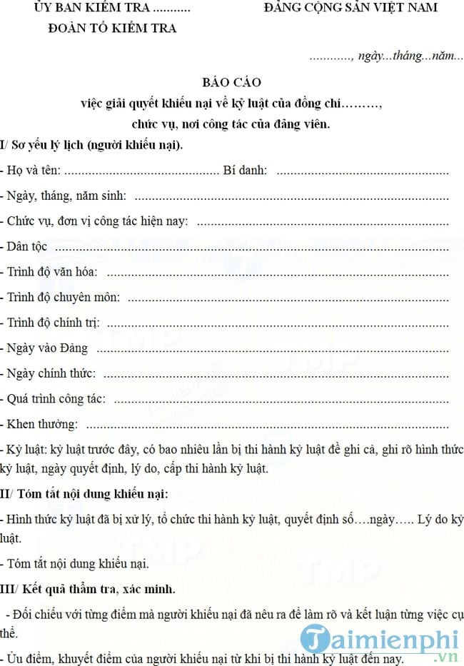 Mẫu báo cáo giải quyết khiếu nại kỷ luật Đảng viên