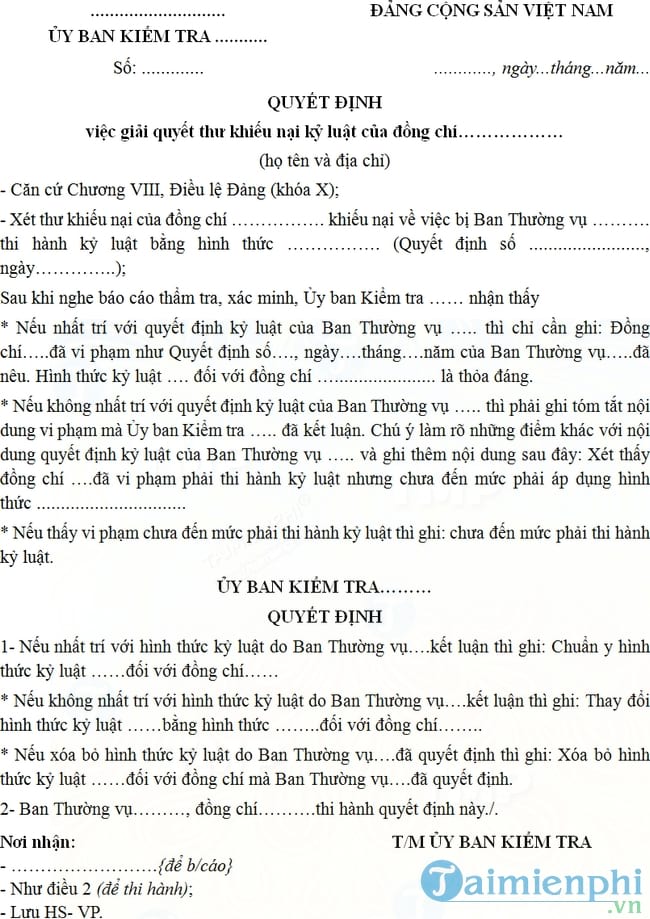 Mẫu quyết định giải quyết thư khiếu nại kỷ luật Đảng viên