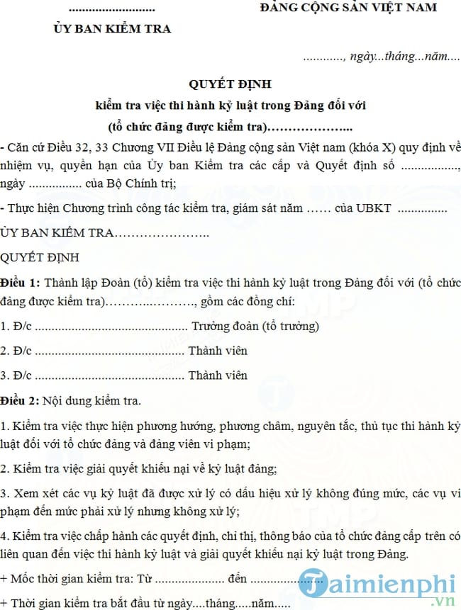 Mẫu quyết định kiểm tra việc thi hành kỷ luật trong Đảng