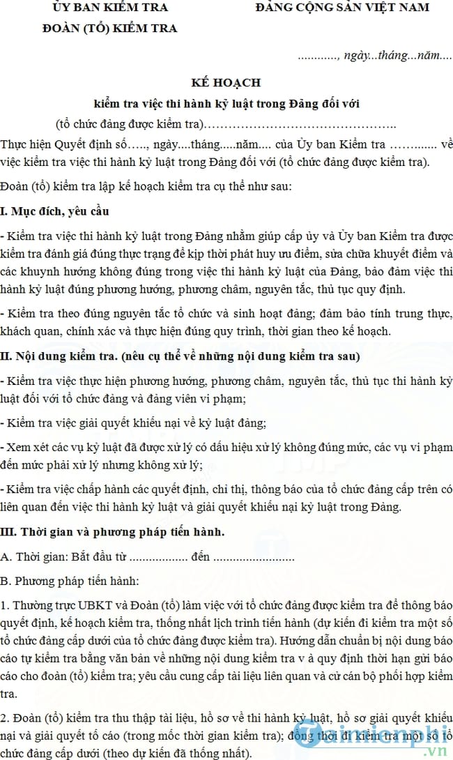 Mẫu kế hoạch kiểm tra việc thi hành kỷ luật trong Đảng