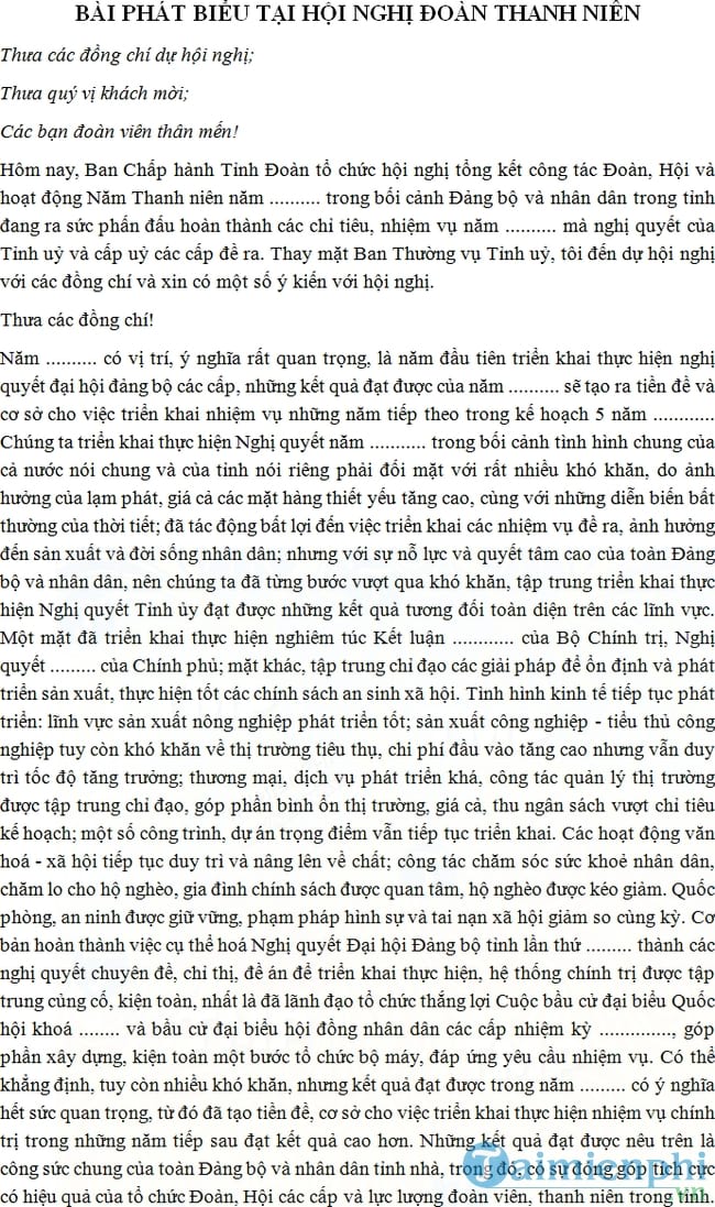Bài phát biểu tại hội nghị tổng kết công tác đoàn thanh niên