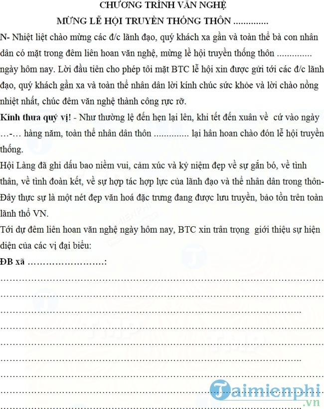 Lời dẫn chương trình văn nghệ lễ hội truyền thống làng