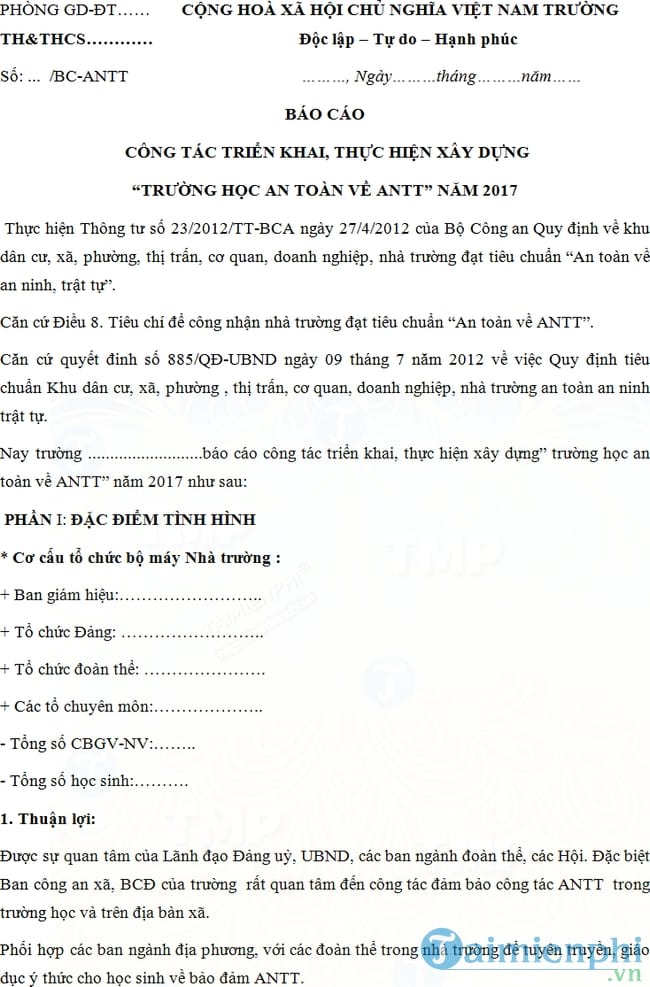 Mẫu báo cáo trường học an toàn về an ninh trật tự