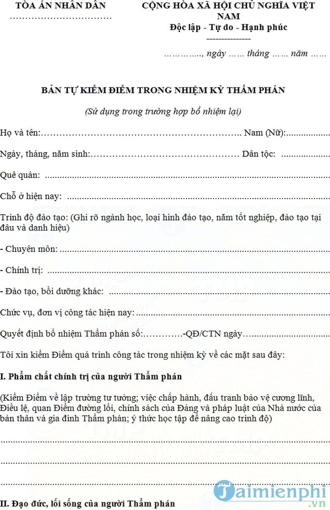 Mẫu bản kiểm điểm cho thẩm phán