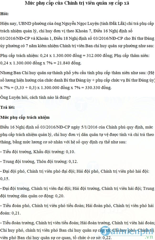 Cách tính phụ cấp của Chính trị viên quân sự cấp xã