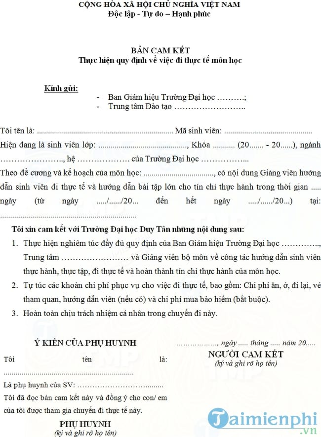 Bản cam kết thực hiện quy định về việc đi thực tế môn học