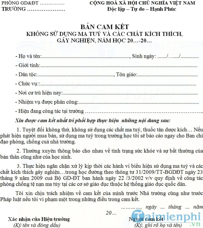 Mẫu bản cam kết không sử dụng ma túy