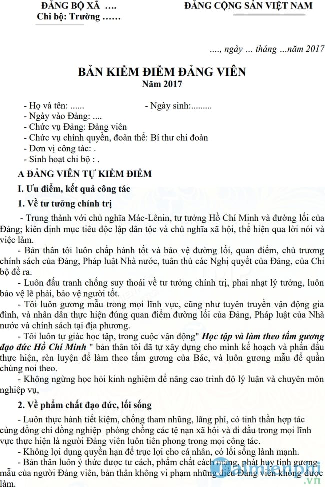 Bản kiểm điểm Đảng viên giáo viên cuối năm