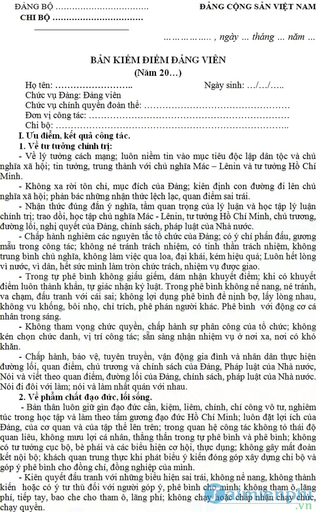 Bản kiểm điểm đảng viên trong quân đội