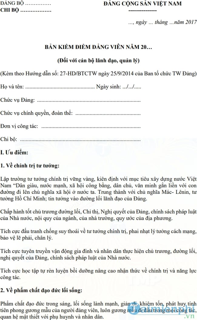 Bản kiểm điểm Đảng viên của cán bộ quản lý, lãnh đạo