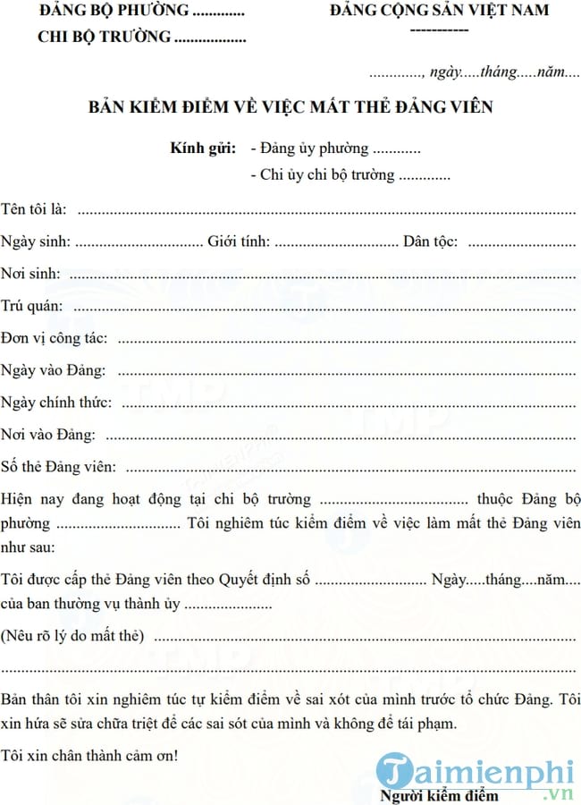 Mẫu bản kiểm điểm đảng viên về mất thẻ Đảng