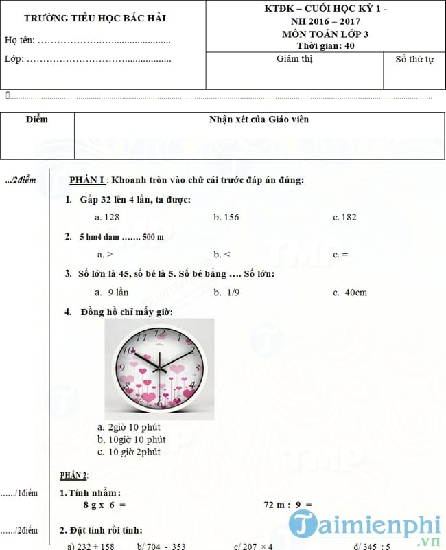 Bộ đề thi học kì 1 lớp 3 năm 2016 2017 theo Thông tư 22