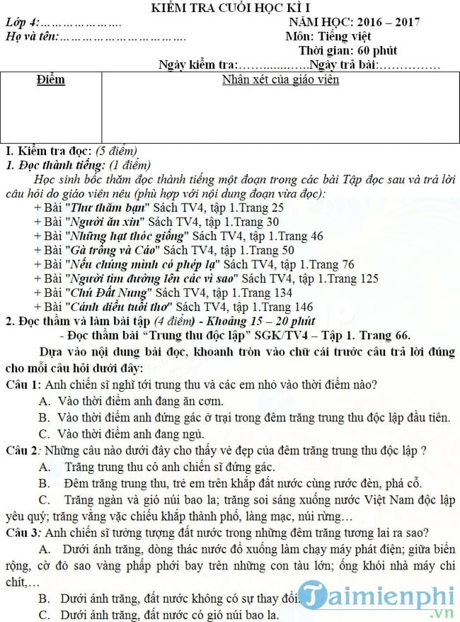 Bộ đề thi học kì 1 lớp 4 năm 2016 2017 theo Thông tư 22
