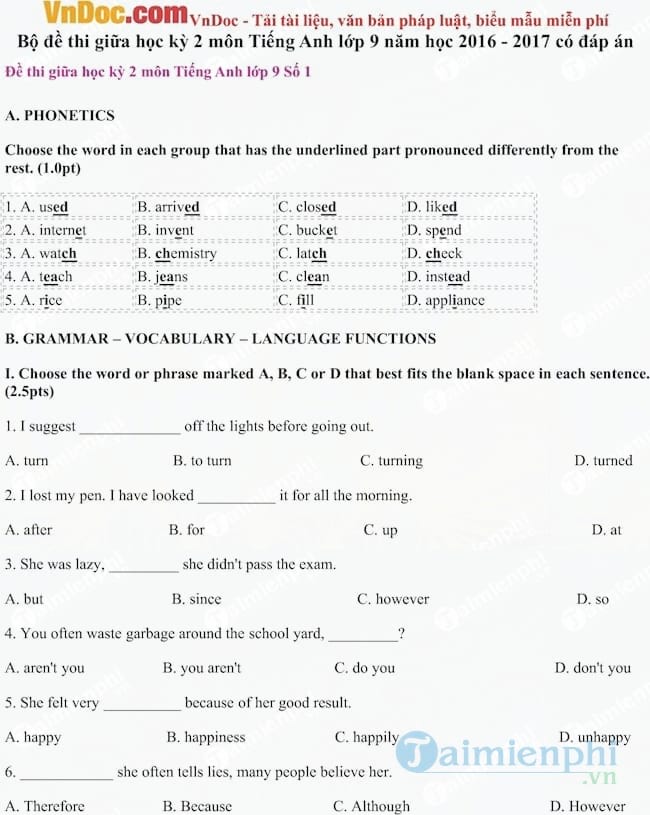 Đề thi học kỳ 2 môn Tiếng Anh lớp 9 năm học 2016 2017