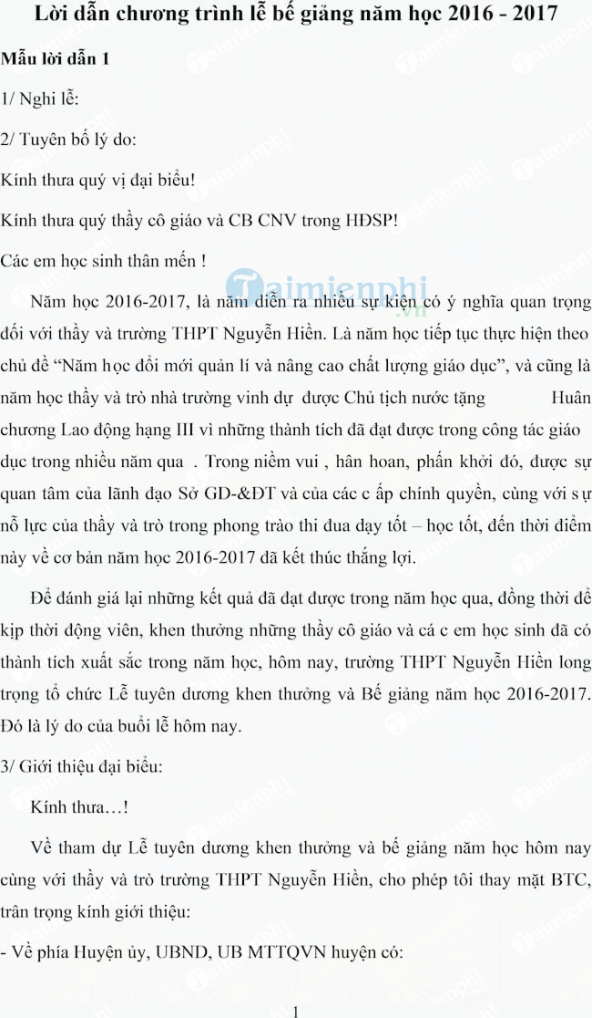 Lời dẫn chương trình lễ bế giảng năm học 2016 - 2017