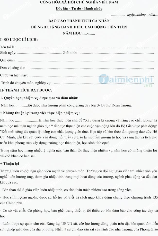 Mẫu báo cáo thành tích cá nhân của giáo viên