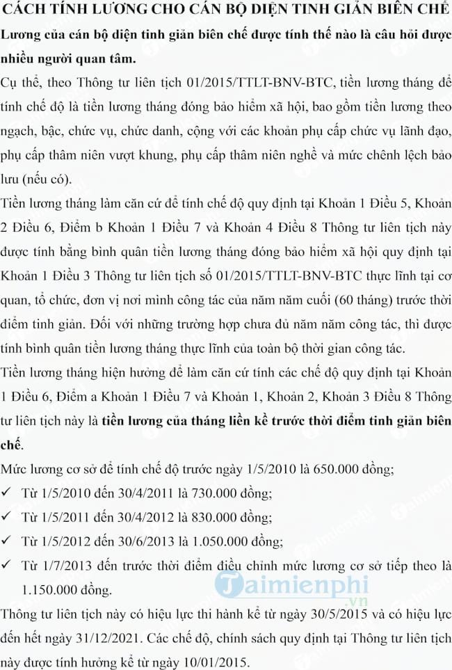 Cách tính lương cho cán bộ diện tinh giản biên chế