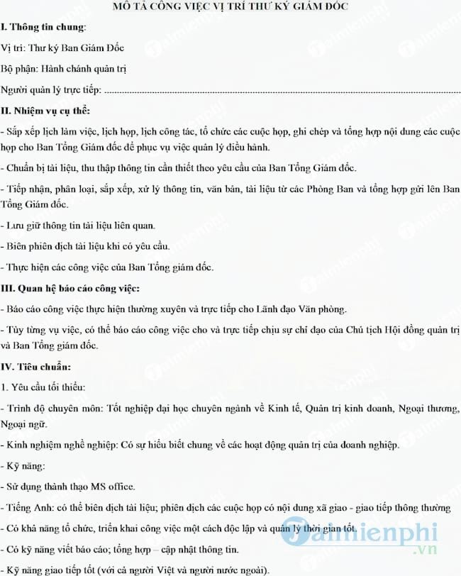 Bảng mô tả công việc vị trí thư ký Giám đốc
