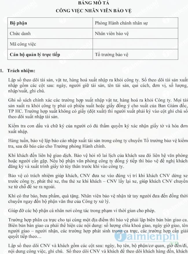Bảng mô tả công việc Nhân viên bảo vệ