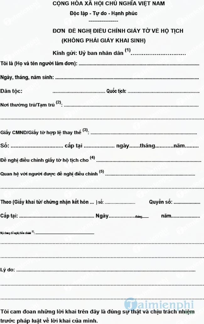 Đơn xin điều chỉnh hộ tịch