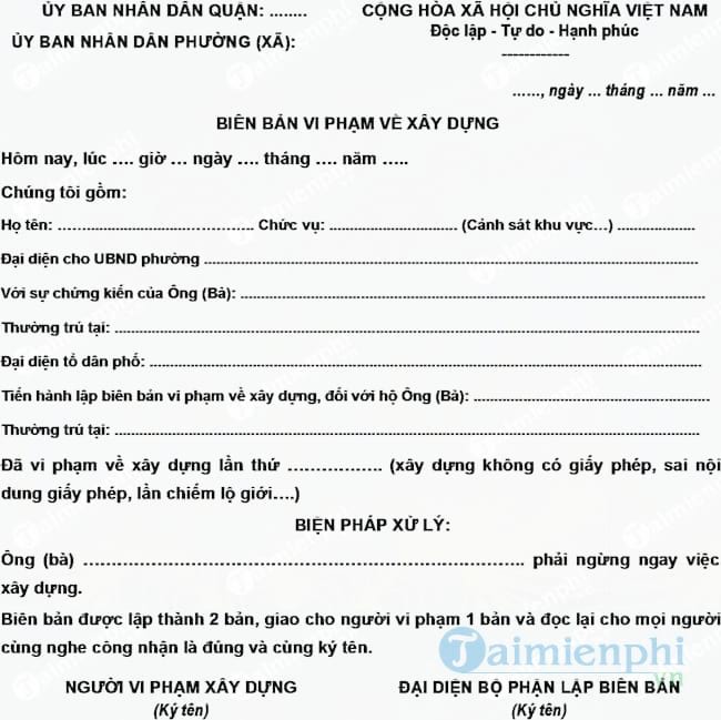 Biên bản vi phạm về xây dựng