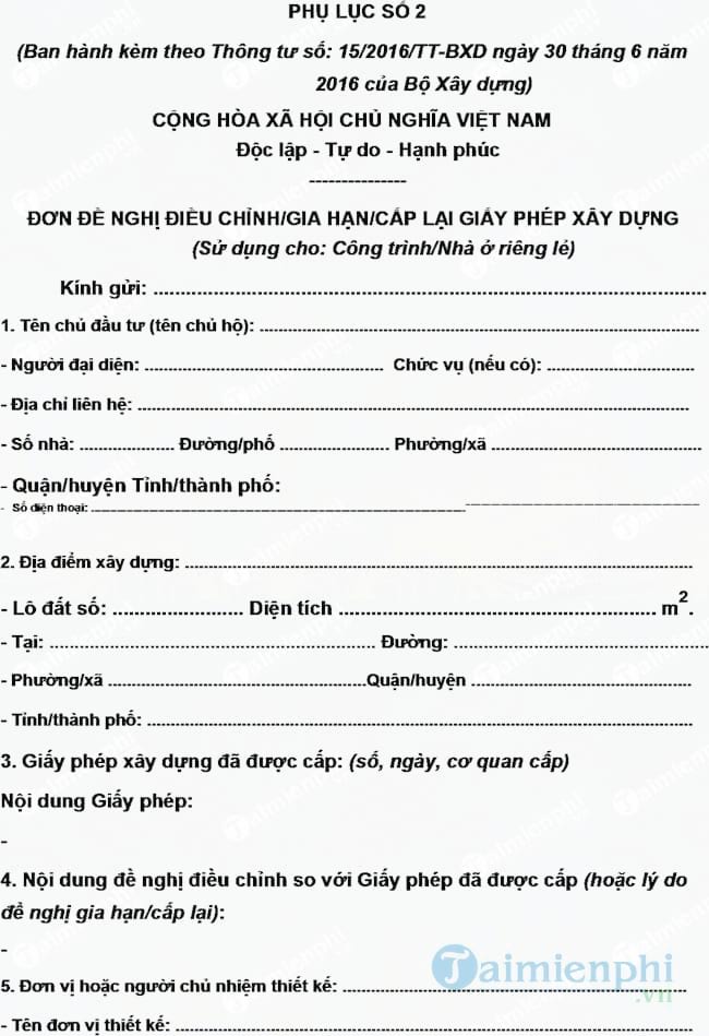 Đơn đề nghị gia hạn giấy phép xây dựng