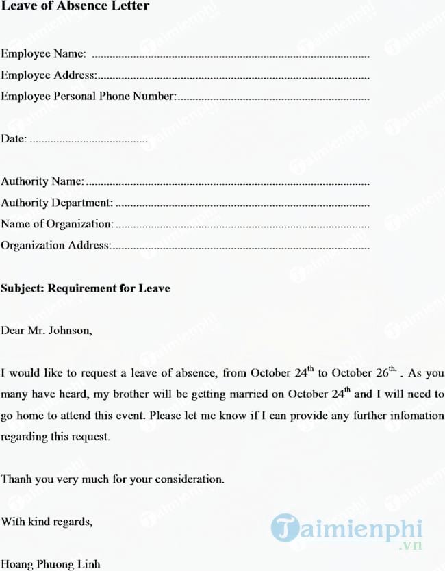 Đơn xin nghỉ phép bằng tiếng Anh (Leave of absence letter)