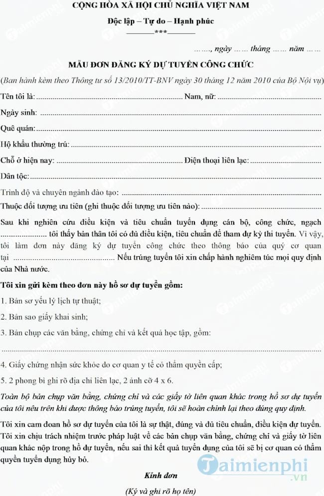 Đơn đăng ký dự tuyển công chức mới nhất