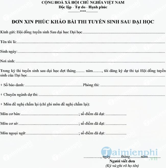 Mẫu đơn xin phúc khảo bài thi tuyển sinh sau đại học