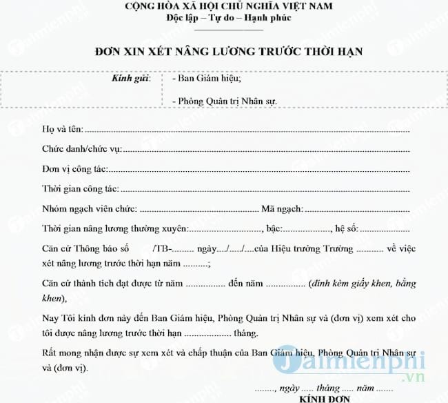 Đơn xin nâng lương trước thời hạn