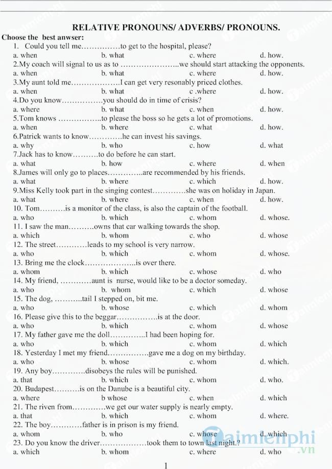 100 câu trắc nghiệm Mệnh đề quan hệ trong Tiếng Anh