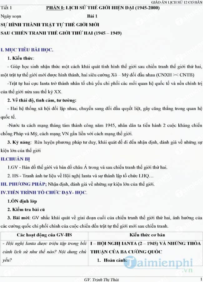 Giáo án Lịch sử lớp 12 cơ bản