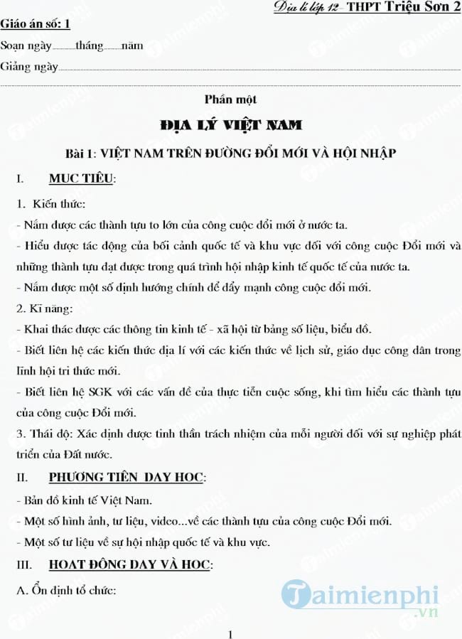 Giáo án Địa lý lớp 12 cơ bản