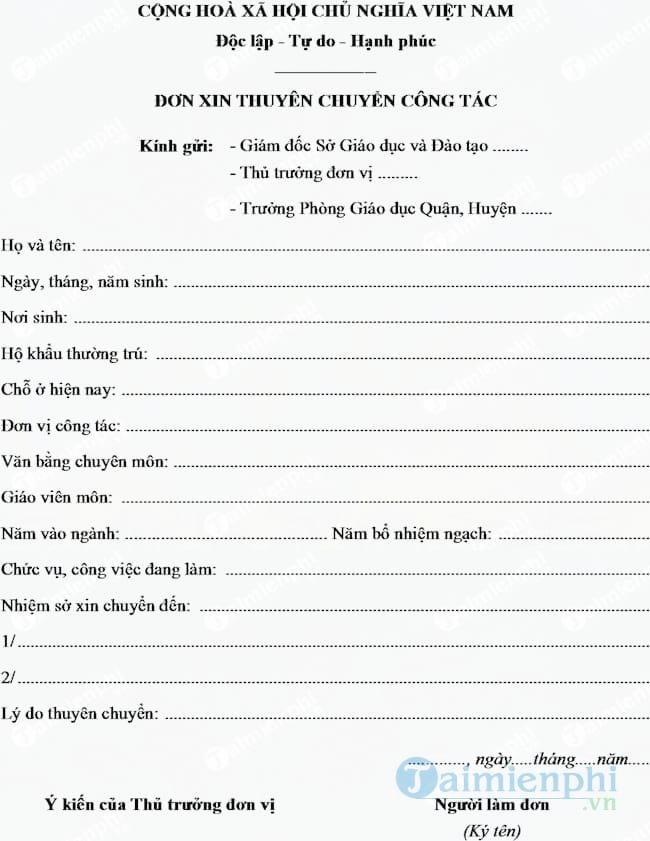 don xin thuyen chuyen cong tac