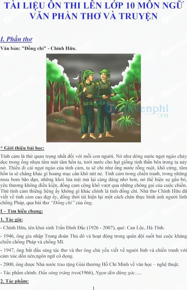 Tài liệu ôn thi vào lớp 10 môn Ngữ Văn phần thơ và truyện