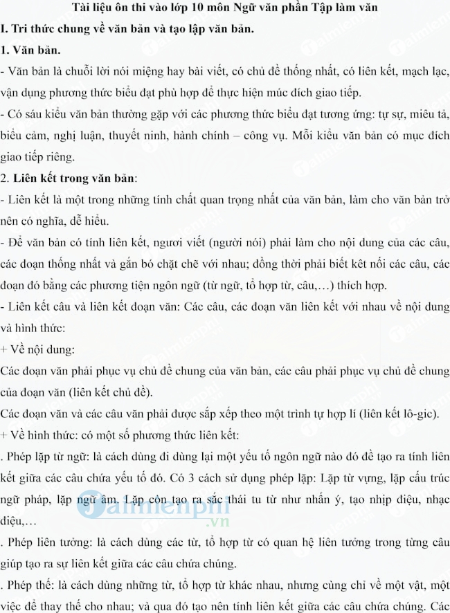 Tài liệu ôn thi vào lớp 10 môn Ngữ văn phần Tập làm văn