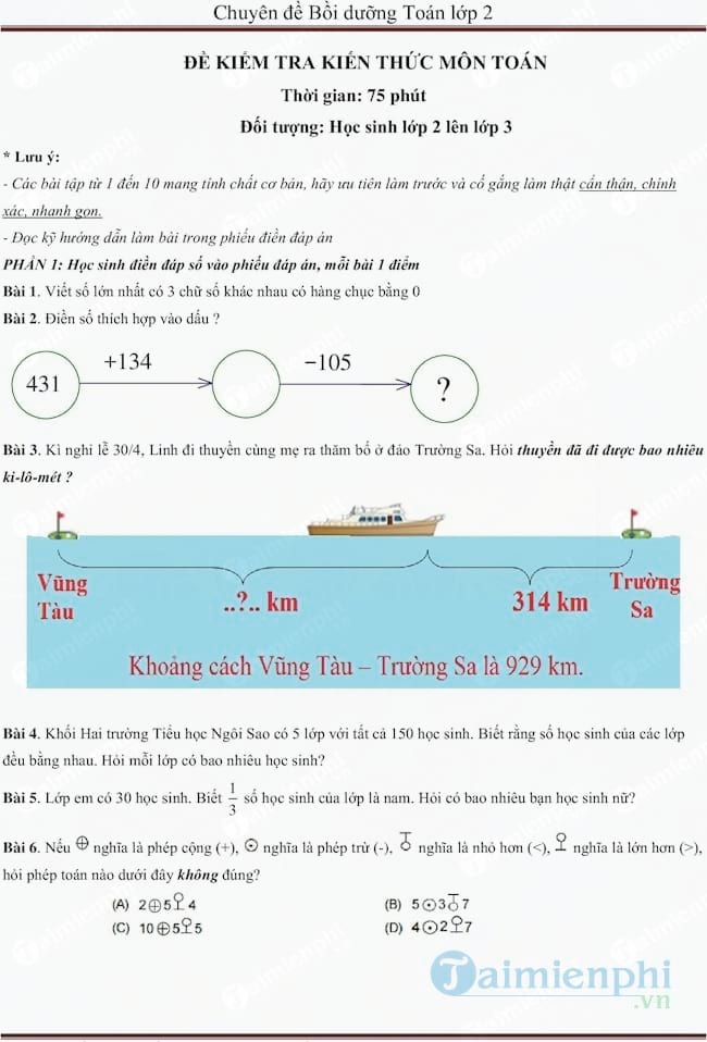 Đề kiểm tra đầu vào môn Toán lớp 2 lên lớp 3