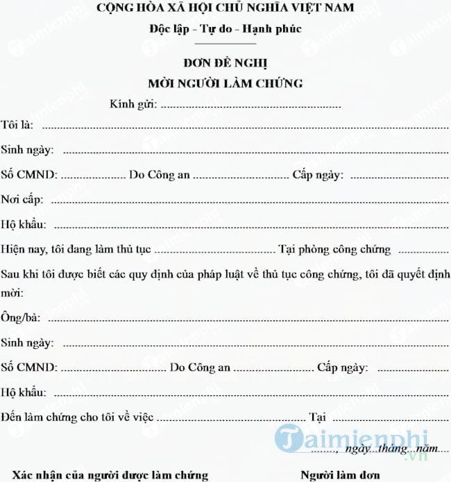 Mẫu đơn đề nghị mời người làm chứng