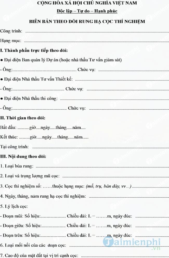 Mẫu biên bản theo dõi rung hạ cọc thí nghiệm