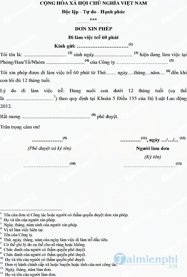 Mẫu đơn xin phép đi làm trễ