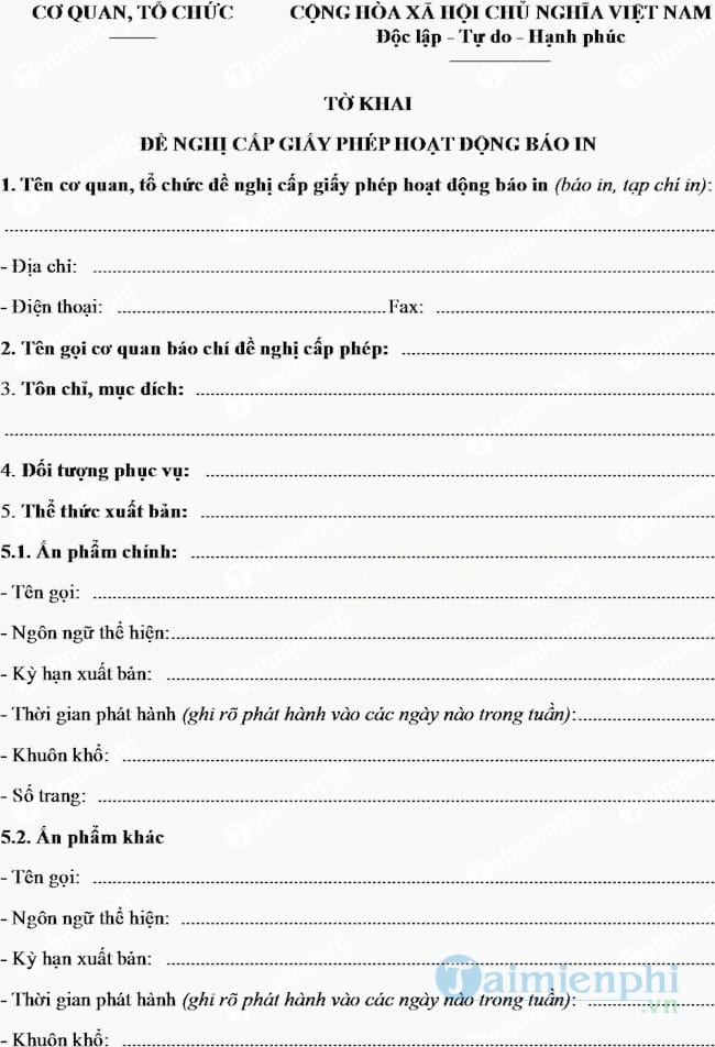 Mẫu tờ khai đề nghị cung cấp giấy phép hoạt động báo in