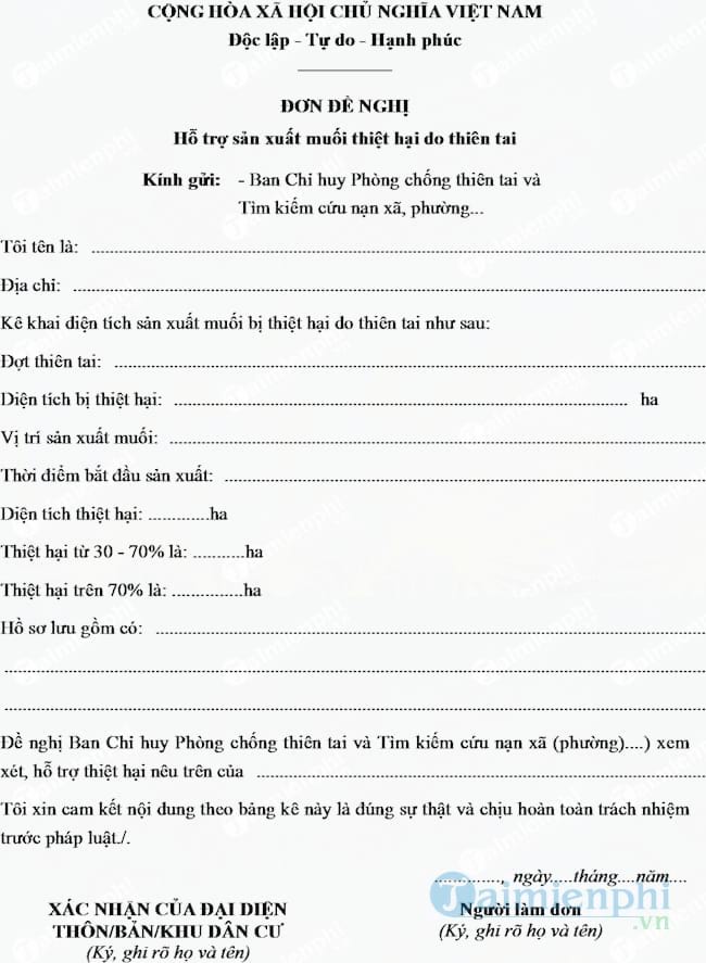 Mẫu đơn đề nghị hỗ trợ sản xuất muối thiệt hại do thiên tai