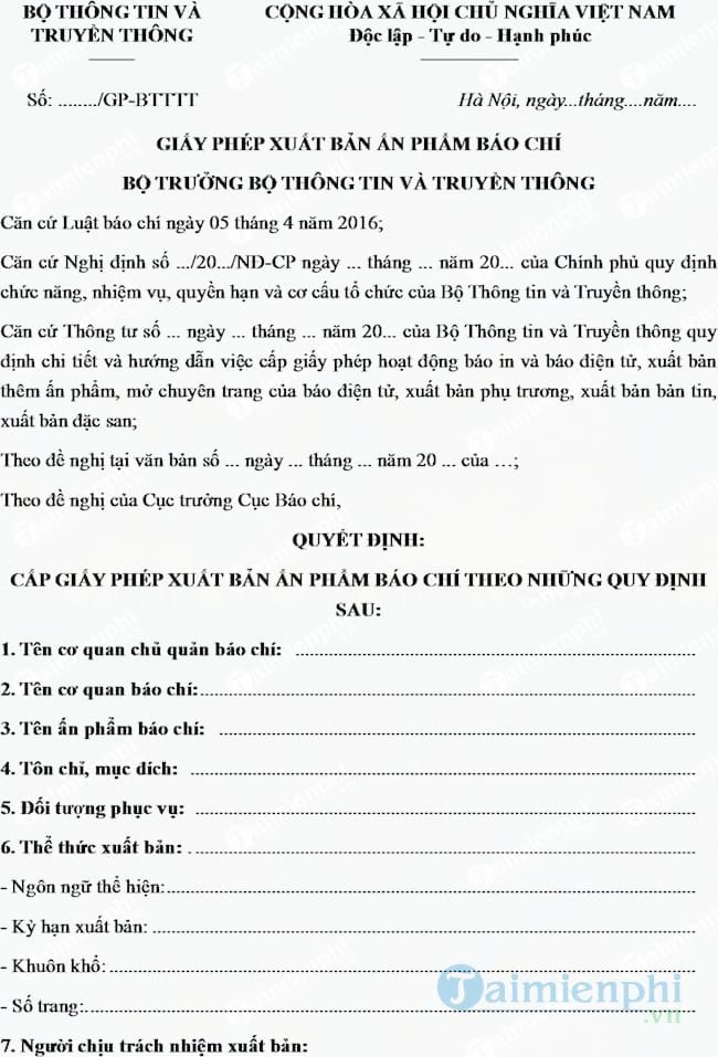 Mẫu giấy phép xuất bản ấn phẩm báo chí
