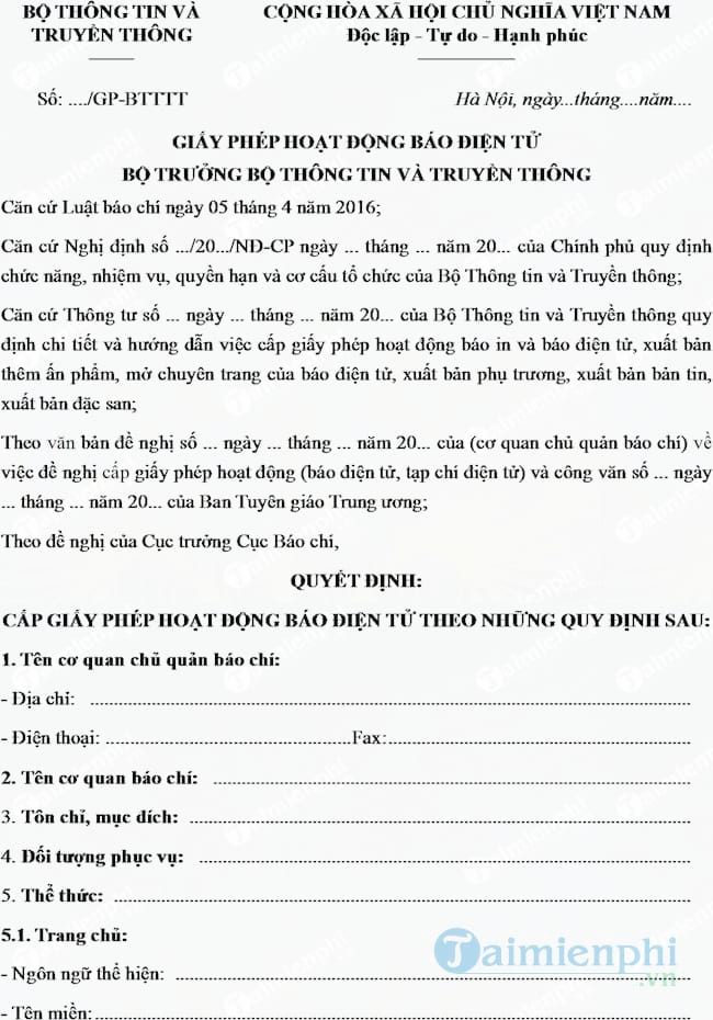Mẫu giấy phép hoạt động báo điện tử