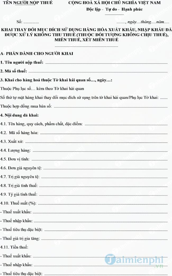 Mẫu tờ khai thay đổi mục đích sử dụng hàng hoá xuất nhập khẩu