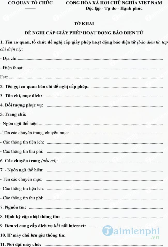 Mẫu tờ khai đề nghị cấp giấy phép hoạt động báo điện tử