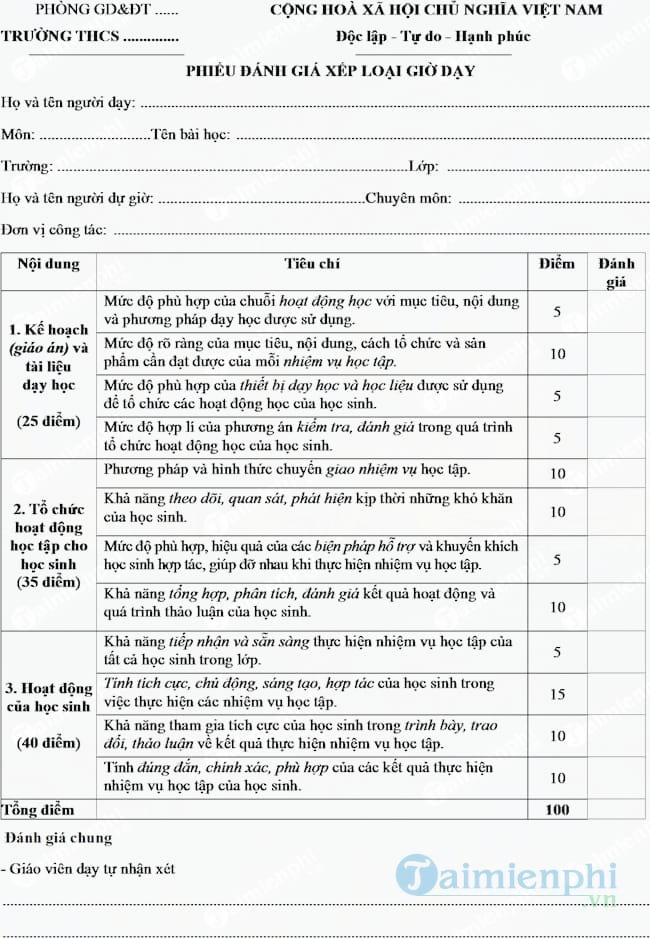 Mẫu phiếu đánh giá tiết dạy cấp THCS
