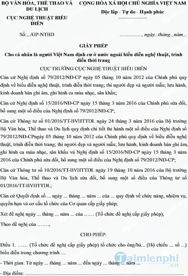 Mẫu giấy phép cho cá nhân là người Việt Nam định cư ở nước ngoài biểu diễn nghệ thuật